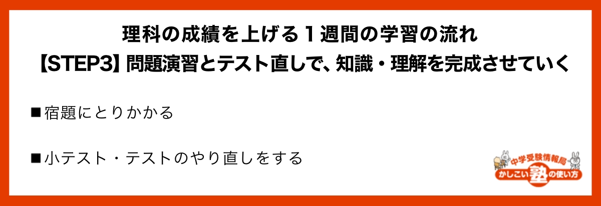 理科の成績を上げる１週間の学習の流れ【STEP3】問題演習とテスト直しで、知識・理解を完成させていく 宿題にとりかかる 小テスト・テストのやり直しをする